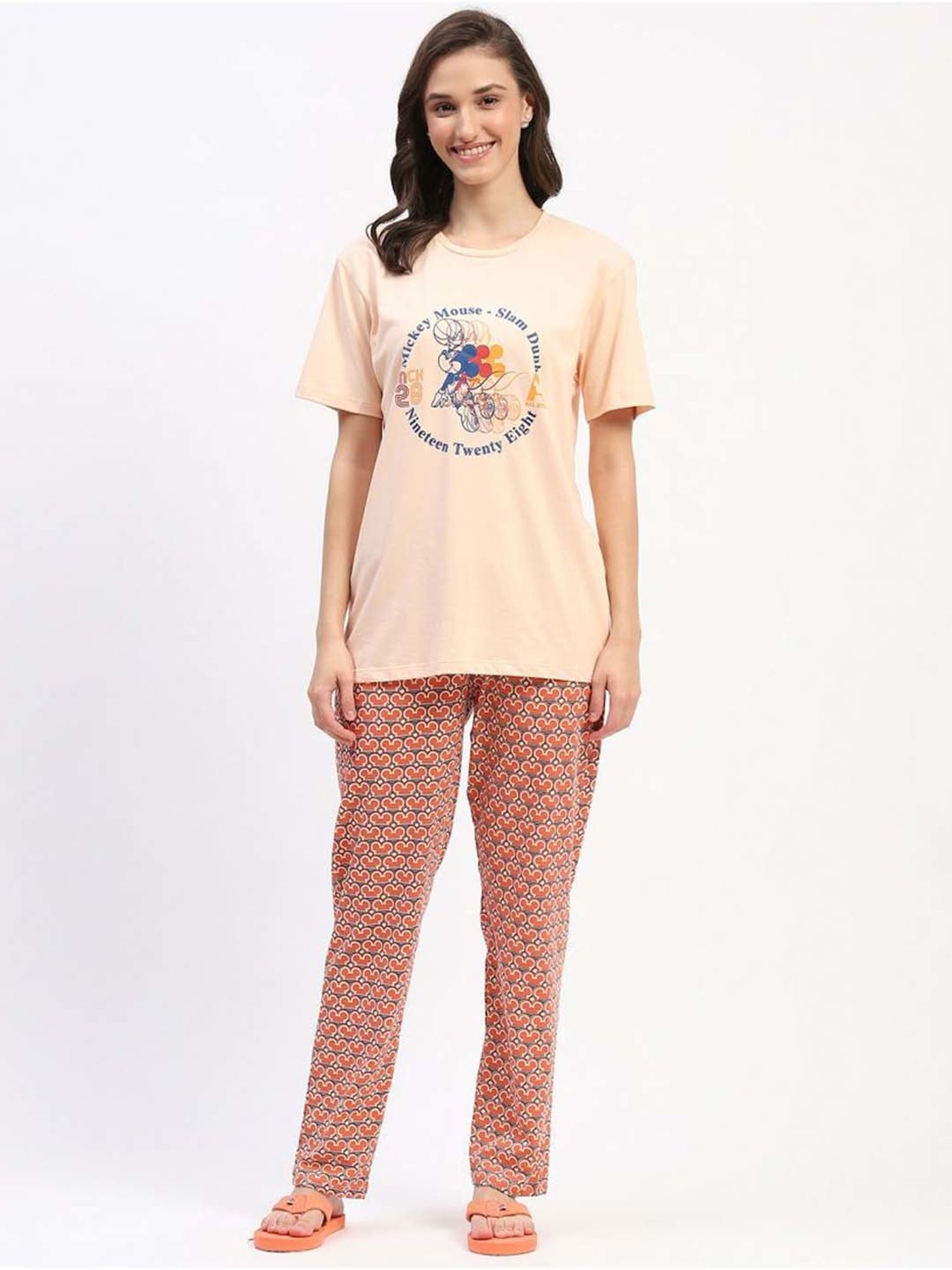 MADAME M Secret Peach Cotton Printed T-Shirt Pyjamas Set