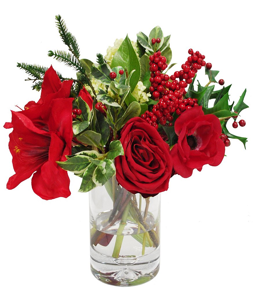 Winward Holiday Collection Permanent Botanicals Amaryllis and Snowball In Glass Vase