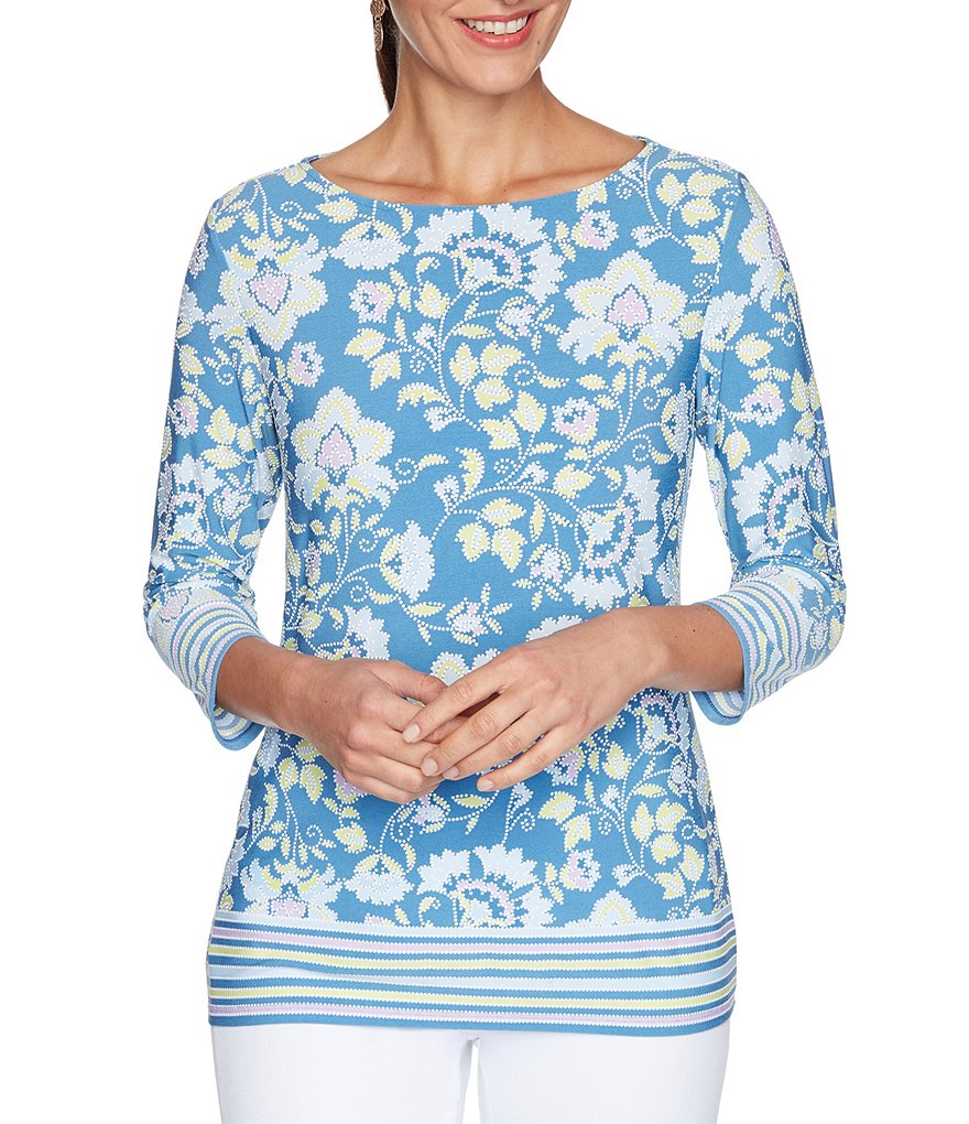 Ruby Rd. Floral Puff Border Print Boat Neck 3/4 Sleeve Top