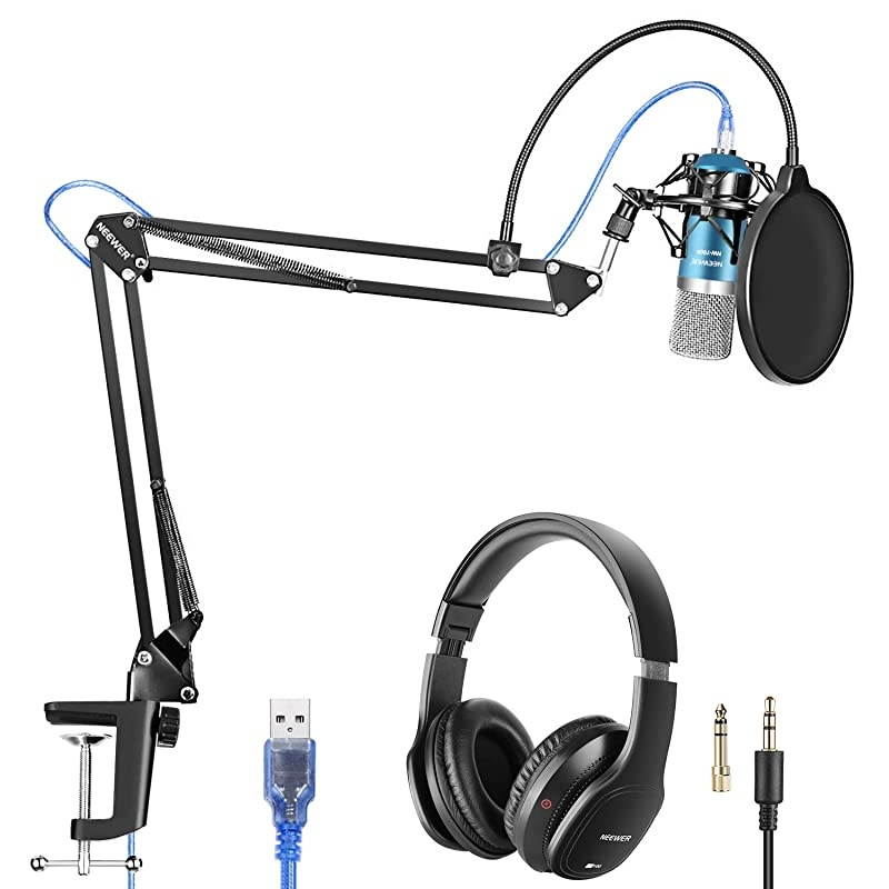 USB Microphone with Suspension Scissor Arm Stand Shock Mount Monitor Headphone Pop Filter USB Cable and Table Mounting Clamp Kit for Sound Recording for Windows and Mac BlueSilver