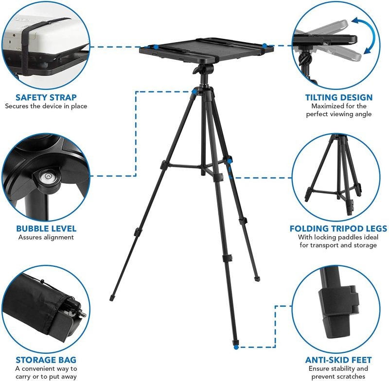 Projector Tripod Stand - Tilting Tray Provides Perfect Viewing Angles | Stable on Carpet, Hardwood & Grass - Double Harness Straps Built in | Folding Projector Mount fits into Nylon Carrying Case