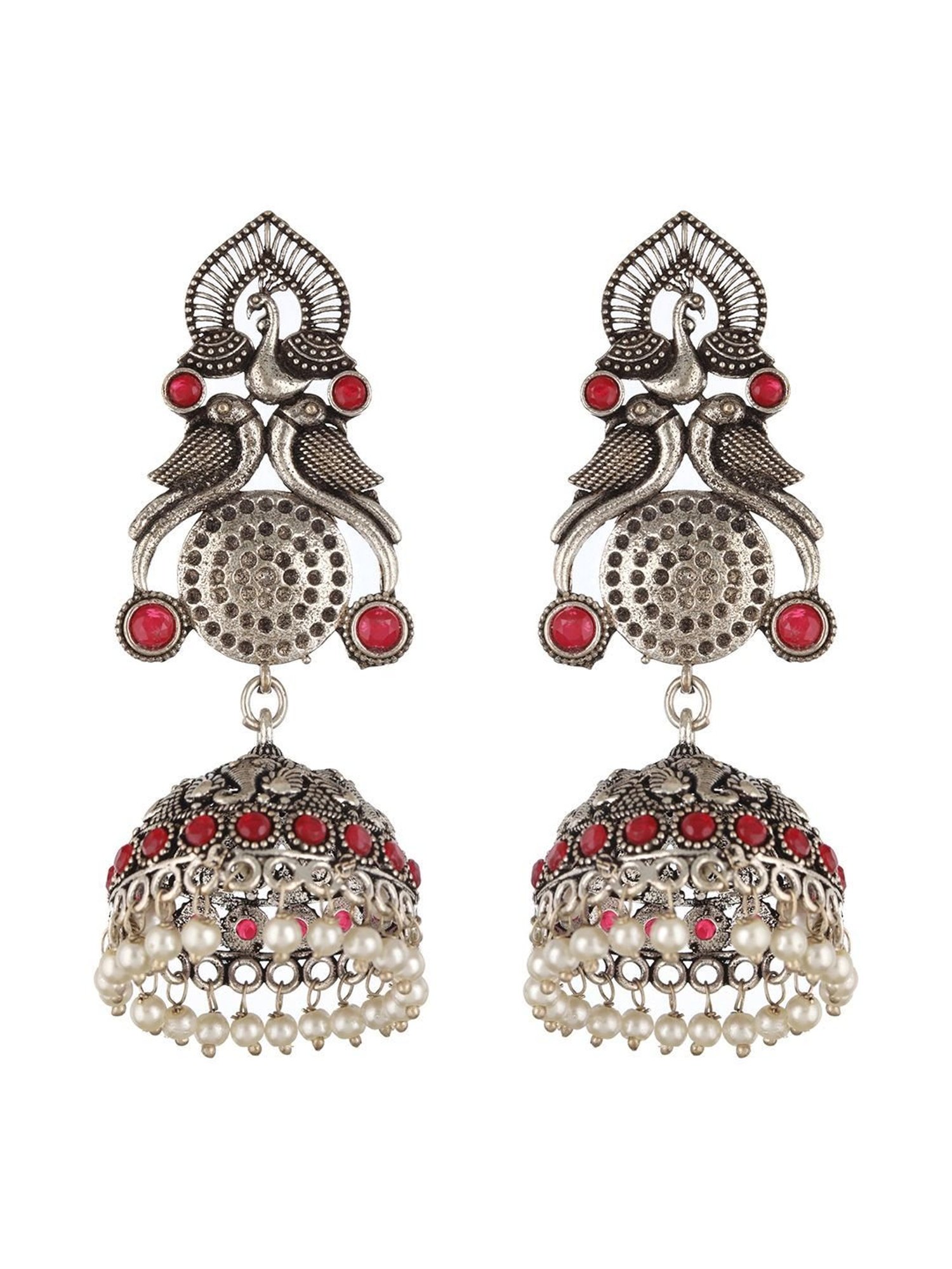 Aatmana Red Stone-Studded & Pearl Beaded Peacock Shaped Temple Jhumki Earrings