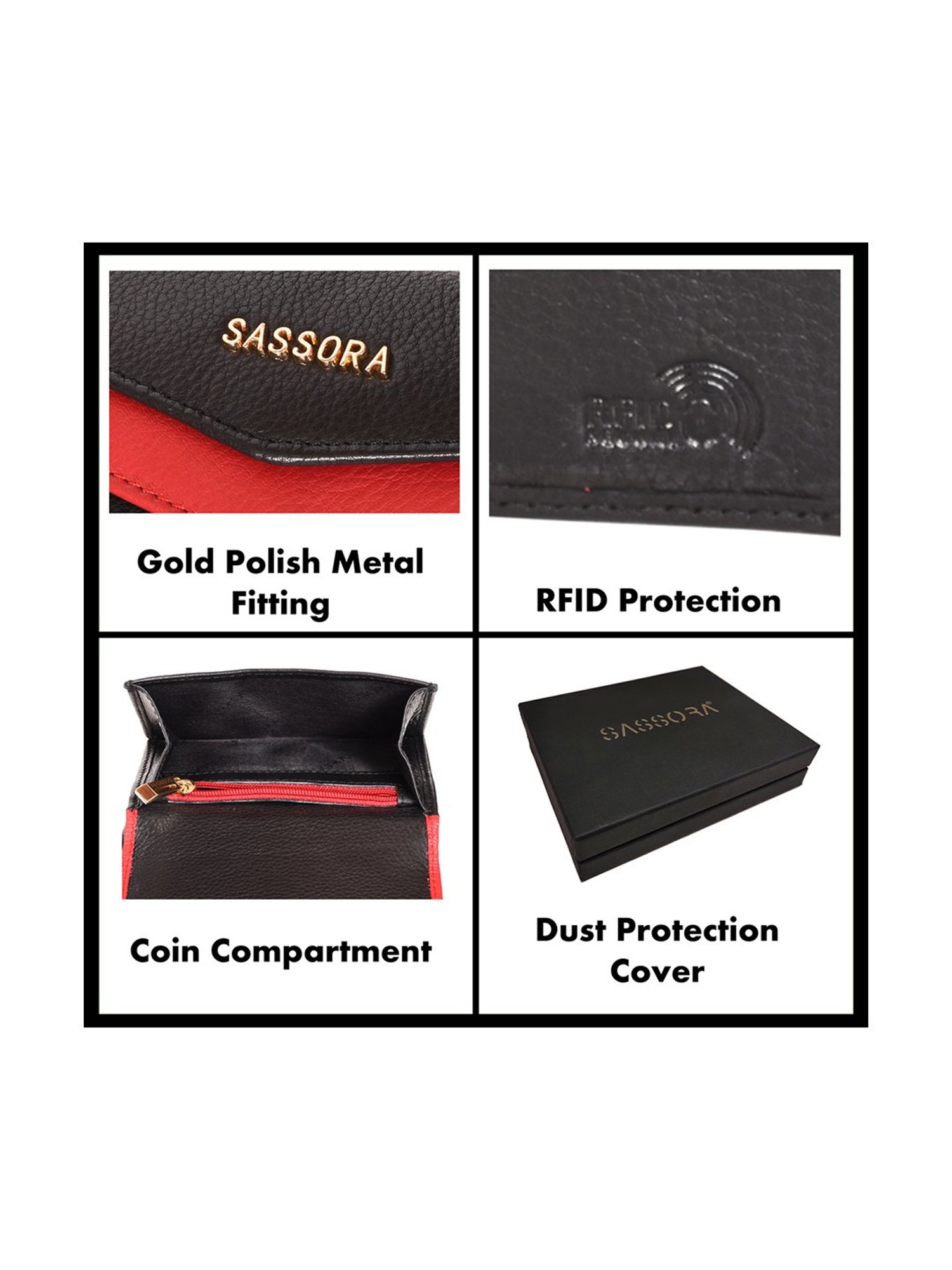 SASSORA Black & Red Solid Rfid Tri-Fold Wallet for Women