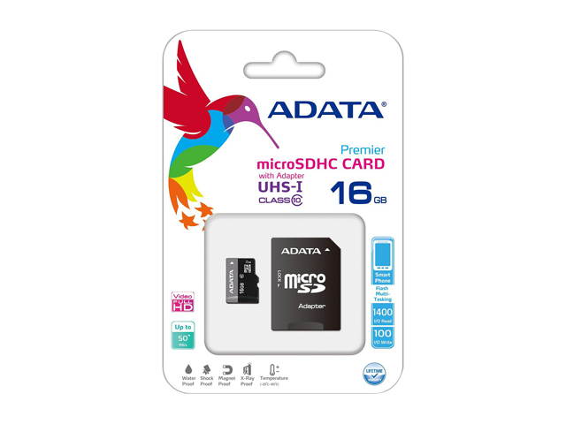 ADATA 16GB Premier microSDHC UHS-I / Class 10 Memory Card with SD Adapter, Speed Up to 50MB/s (AUSDH16GUICL10-RA1)