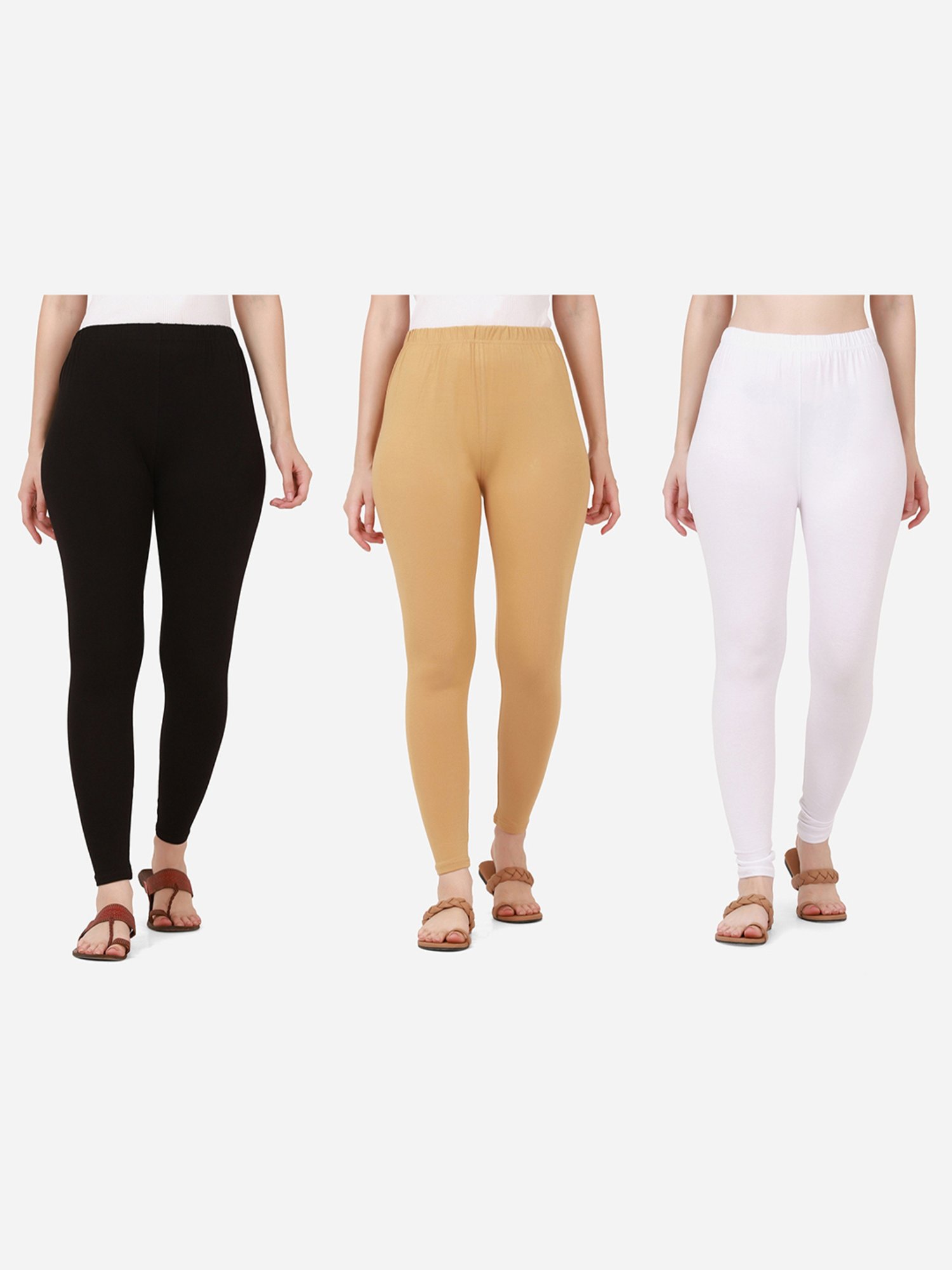 BUYNEWTREND Black & Beige Cotton Leggings - Pack Of 3