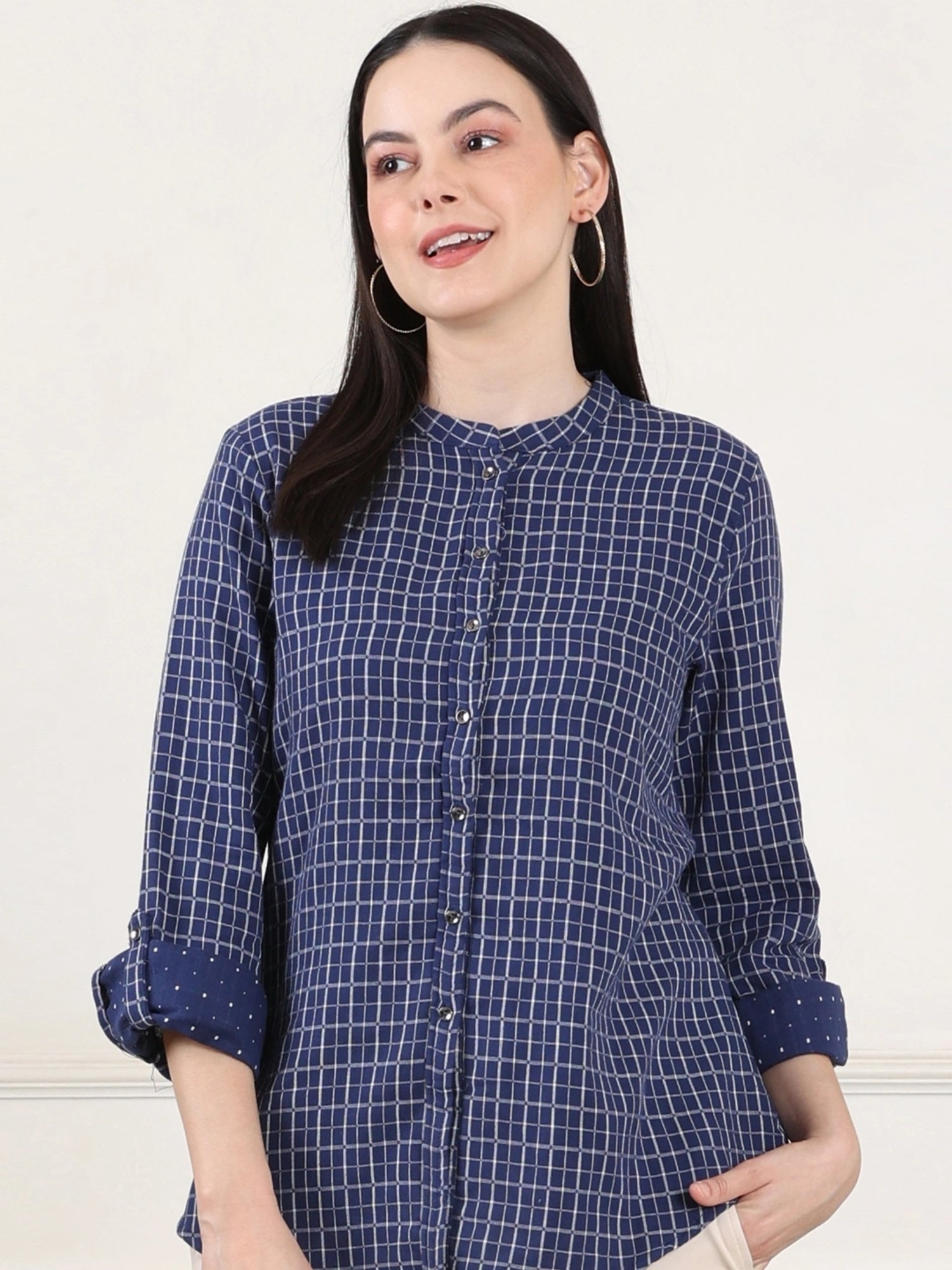 W Navy Cotton Chequered Top