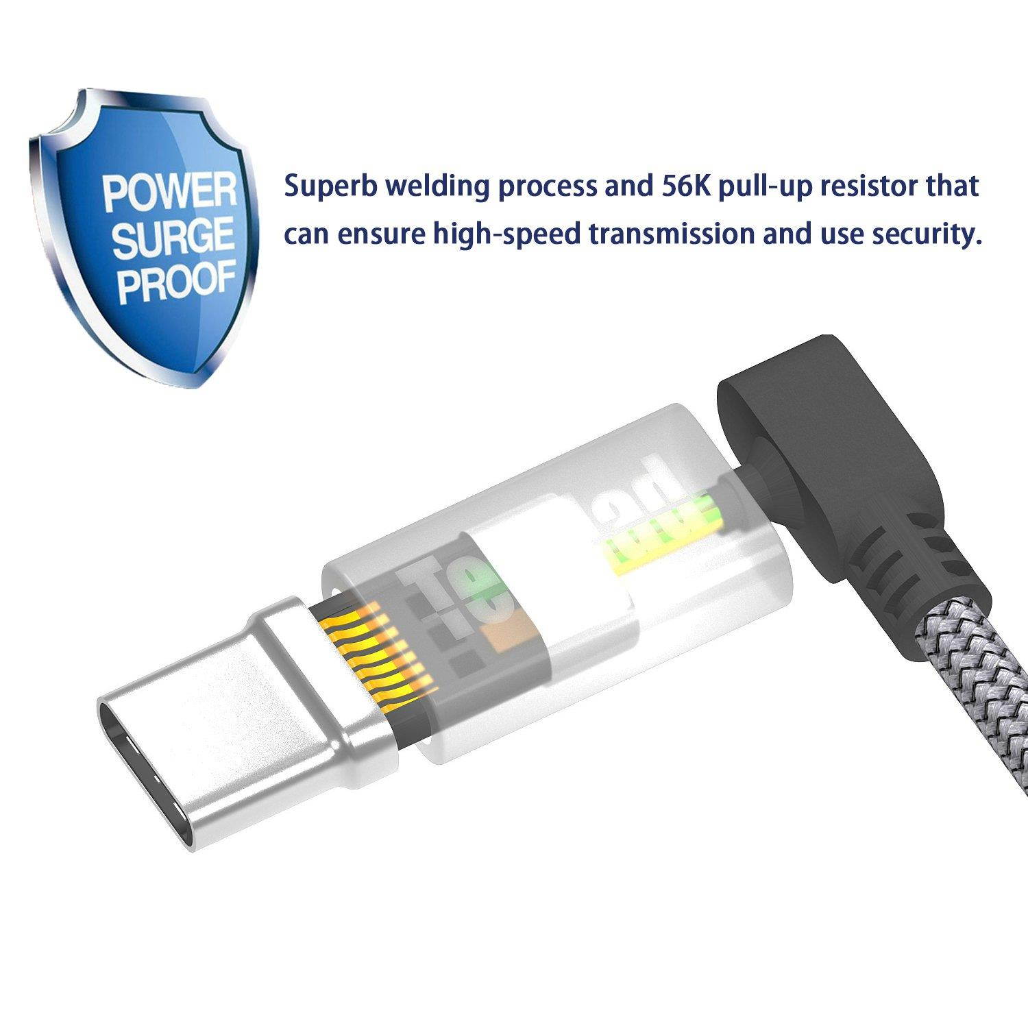 USB a to USB c Cable TecMad 90 Degree Plug Nylon Braided Type C to USB 3.0 Cable for New MacBook,Nexus 5X,Samsung s9 s8 Note 9,LG V30 V20 G6 G5,Hero 6/5,DJI Mavic Pro Drone and More-0.8ft/0.25m Grey