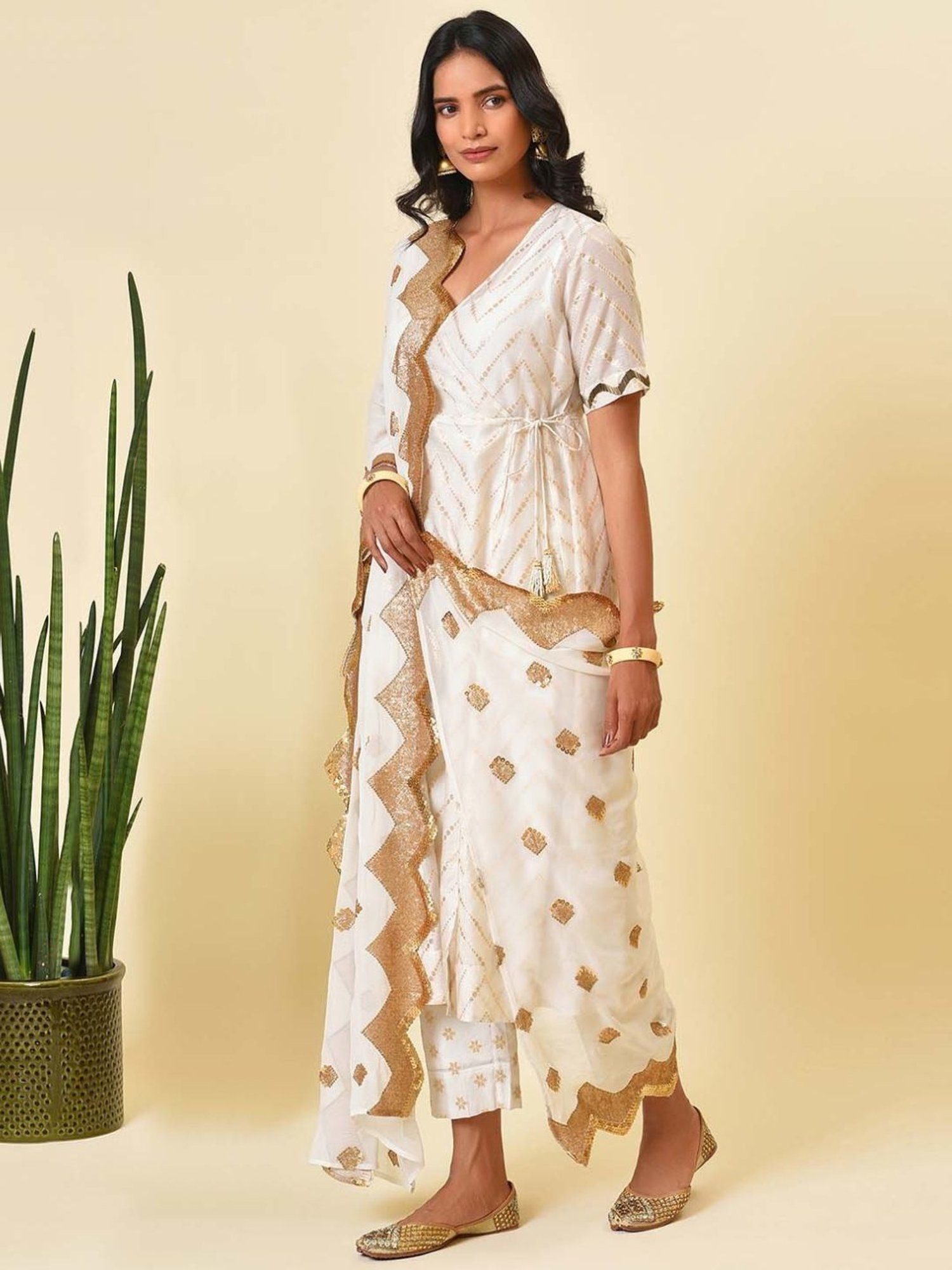 Nuhh Off White & Gold Kurta with Pant & Dupatta Set