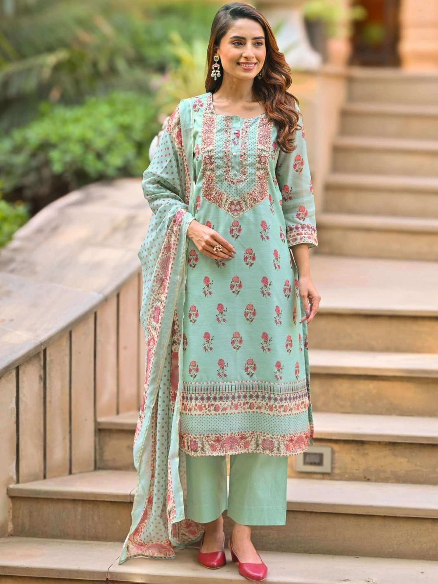 Mahee Jaipur Blue Daman Block Print Chanderi Kurta with Pant and Dupatta