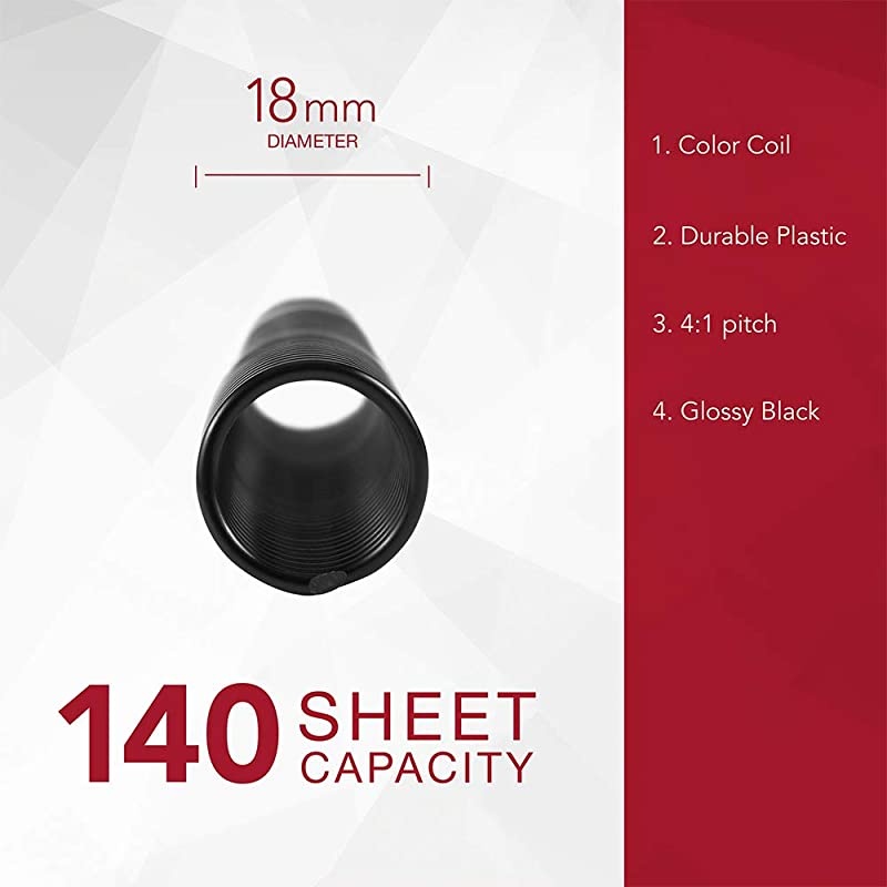 Binding Spines/Spirals/Coils, 18mm, 140 Sheet Capacity, 4:1 Pitch, Color Coil, Black, 100 Pack (9665080)