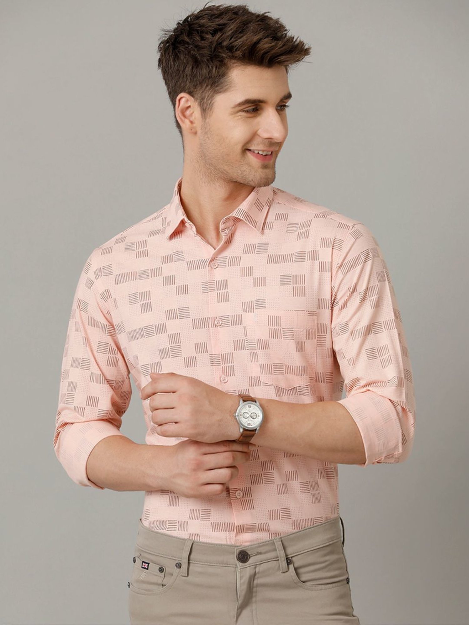 Cavallo By Linen Club Pink Linen Contemporary Fit Printed Shirt
