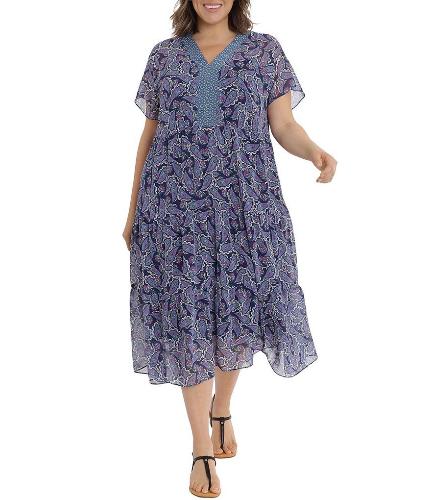 London Times Plus Size Short Sleeve V-Neck Paisley Tiered Midi Dress