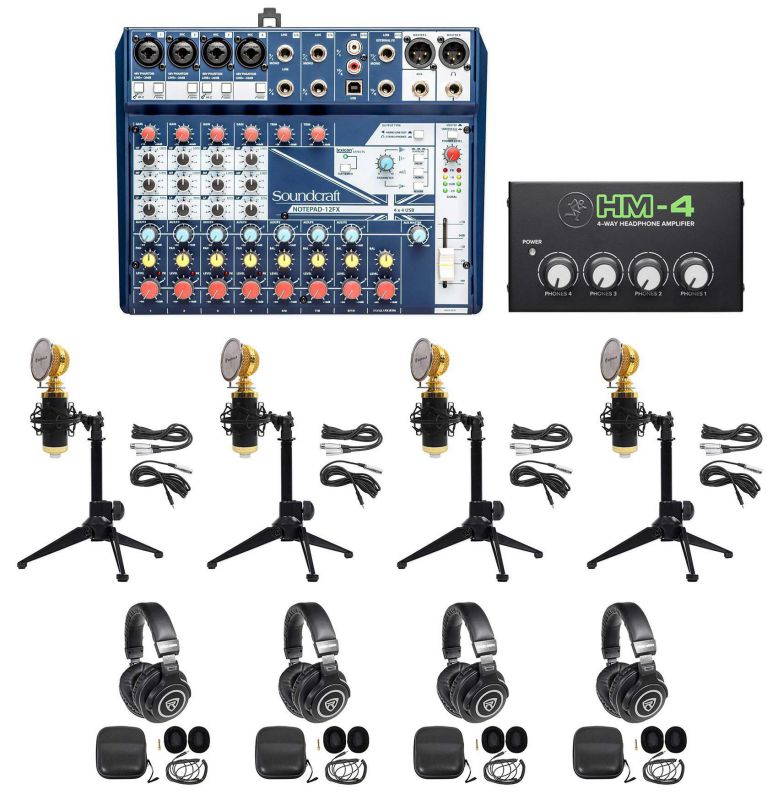 Soundcraft 4-Person Podcast Podcasting Recording Kit w/Mics+Headphones+Tripods