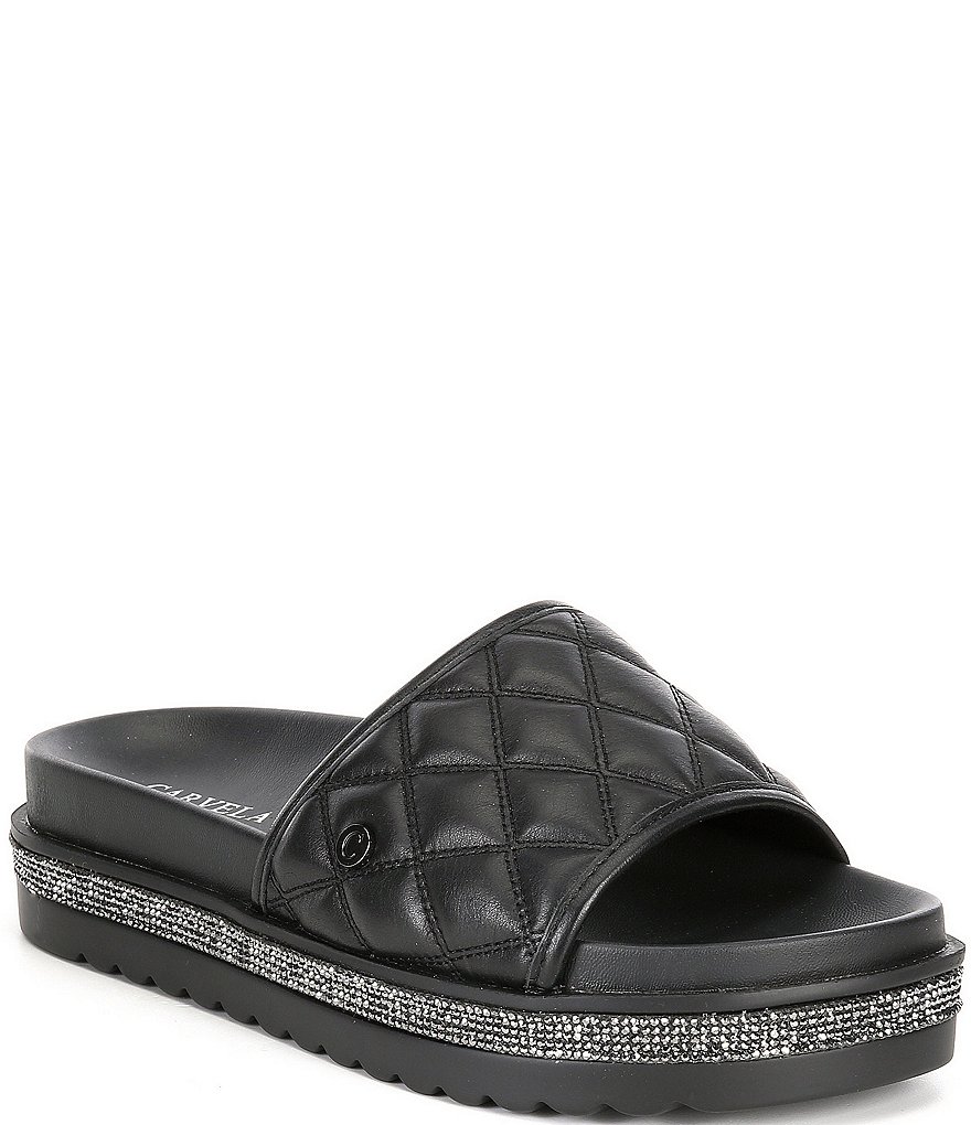 Carvela Jeo Quilted Leather Rhinestone Sole Flatform Slide Footbed Sandals