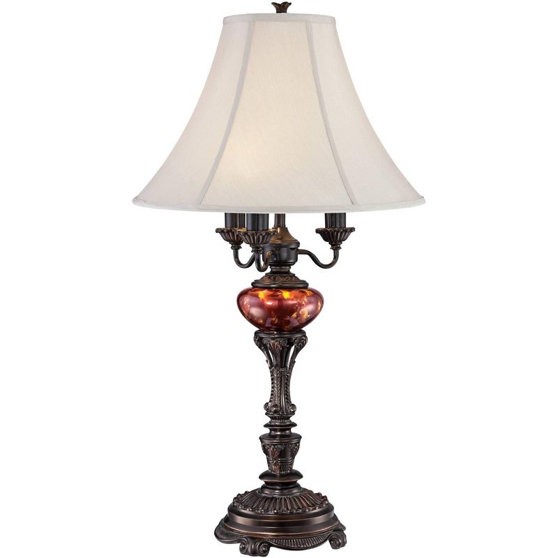 Barnes and Ivy Traditional Table Lamp English Bronze Tortoise Shell Glass Off White Bell Shade for Living Room Family Bedroom