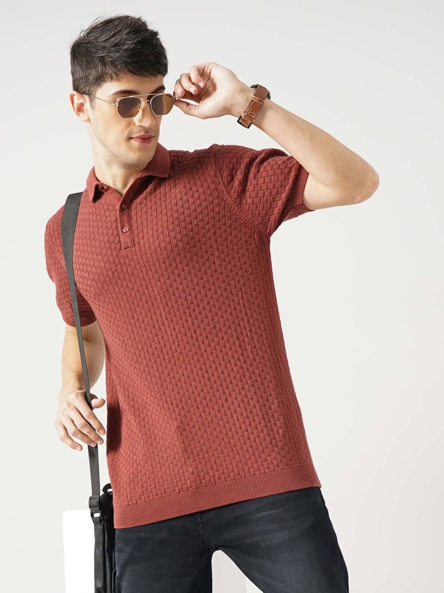 Celio Dk Brown Cotton Regular Fit Striped Polo T-Shirt