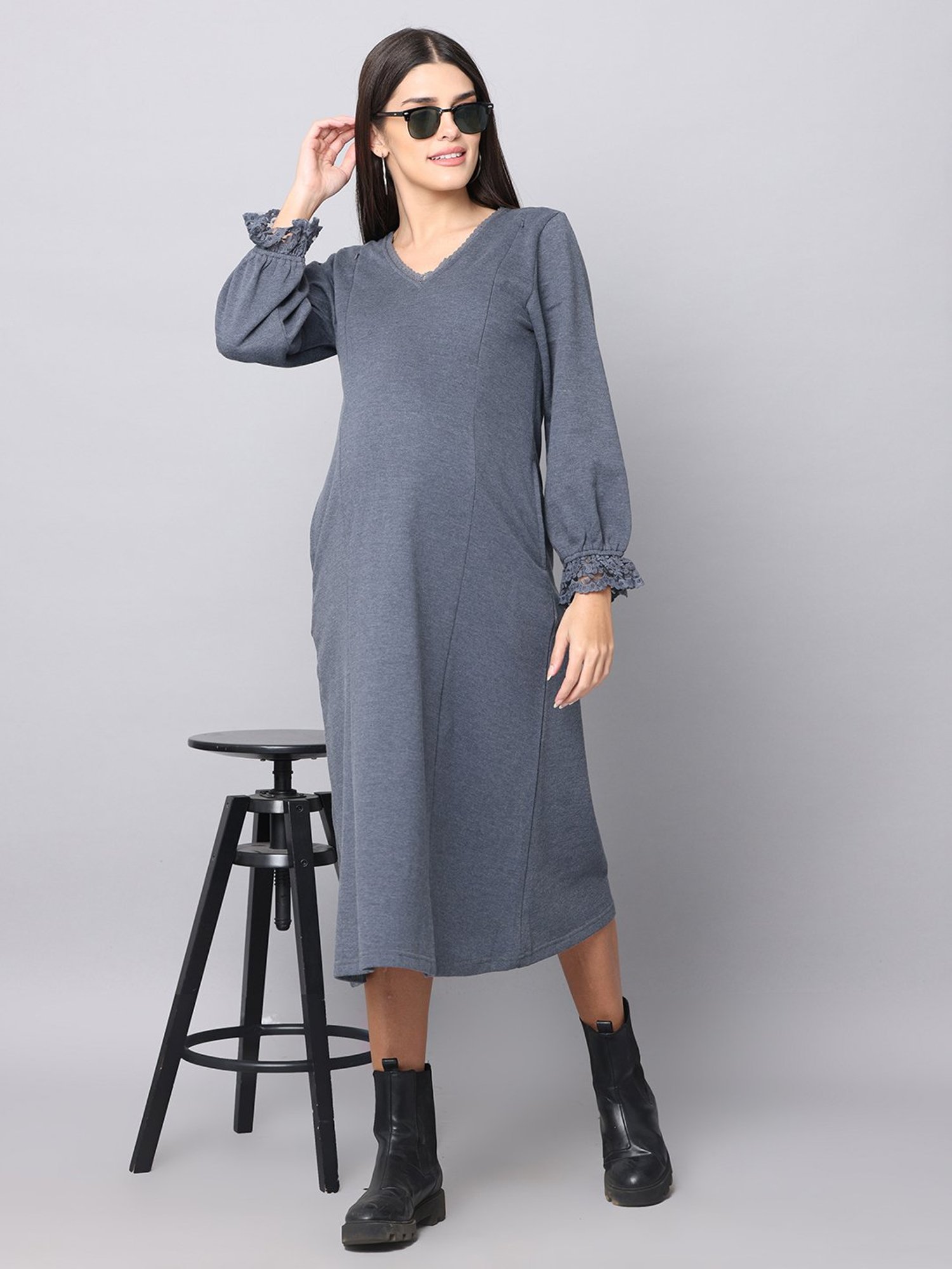 The Mom Store Dark Grey Maternity & Nursing Sweater Dress