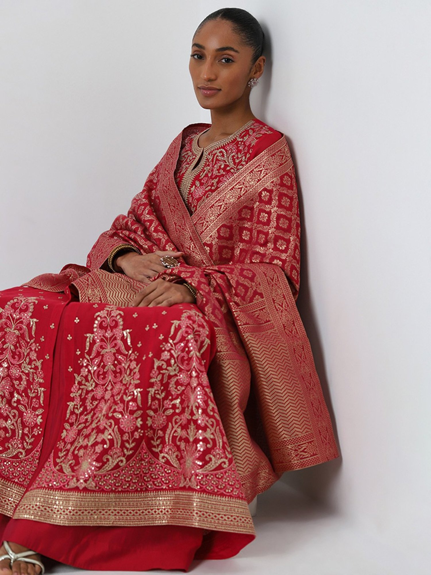 Vark by Westside Magenta Embroidered Kurta, Skirt and Dupatta Set