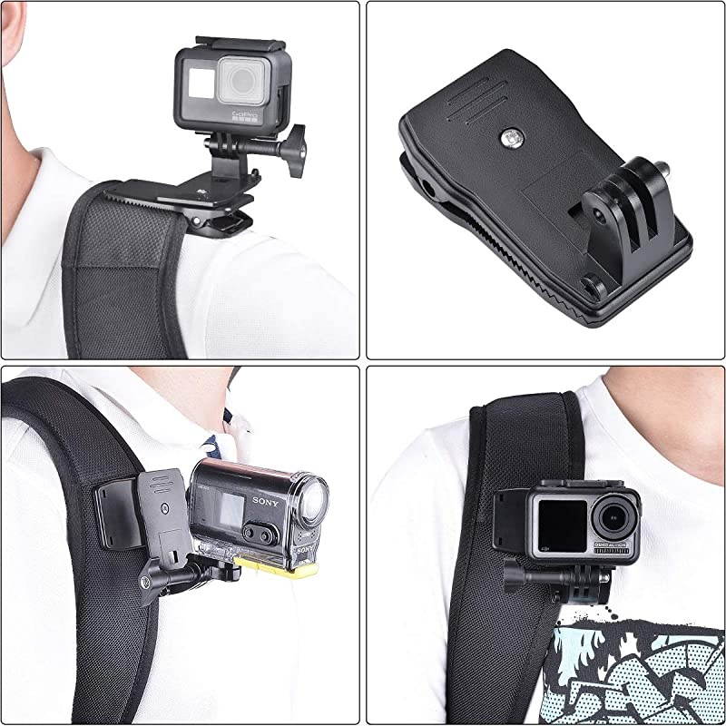 3in1 AntiSlide 360 Degree Rotary Action Camera Clamp Mount Kit Waterproof Motion Camcorder Backpack Strap Clip Holder RecMount Compatible with GoPro Sony DJI OSMO Action Akaso Sports DV