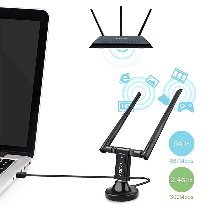 Wireless USB WiFi Adapter,  1200Mbps WiFi Dongle With USB3.0 Stand Base Dual Band High Gain Dual 5dBi Antennas Network LAN Card Dongle WiFi USB 3.0 for Desktop Laptop,Supports Windows 10/8/7/XP