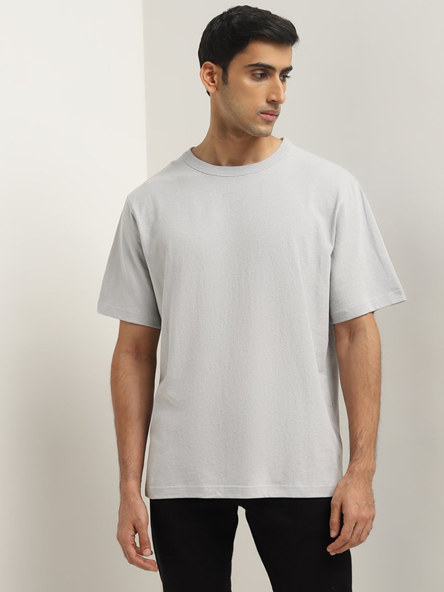 WES Casuals by Westside Light Grey Solid Relaxed-Fit Cotton T-Shirt