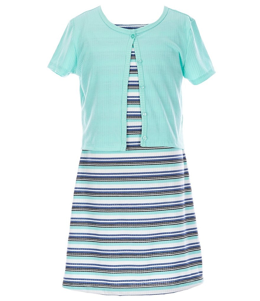 Ally B Big Girls 7-16 Short-Sleeve Solid Cardigan & Sleeveless Striped A-Line Dress Set