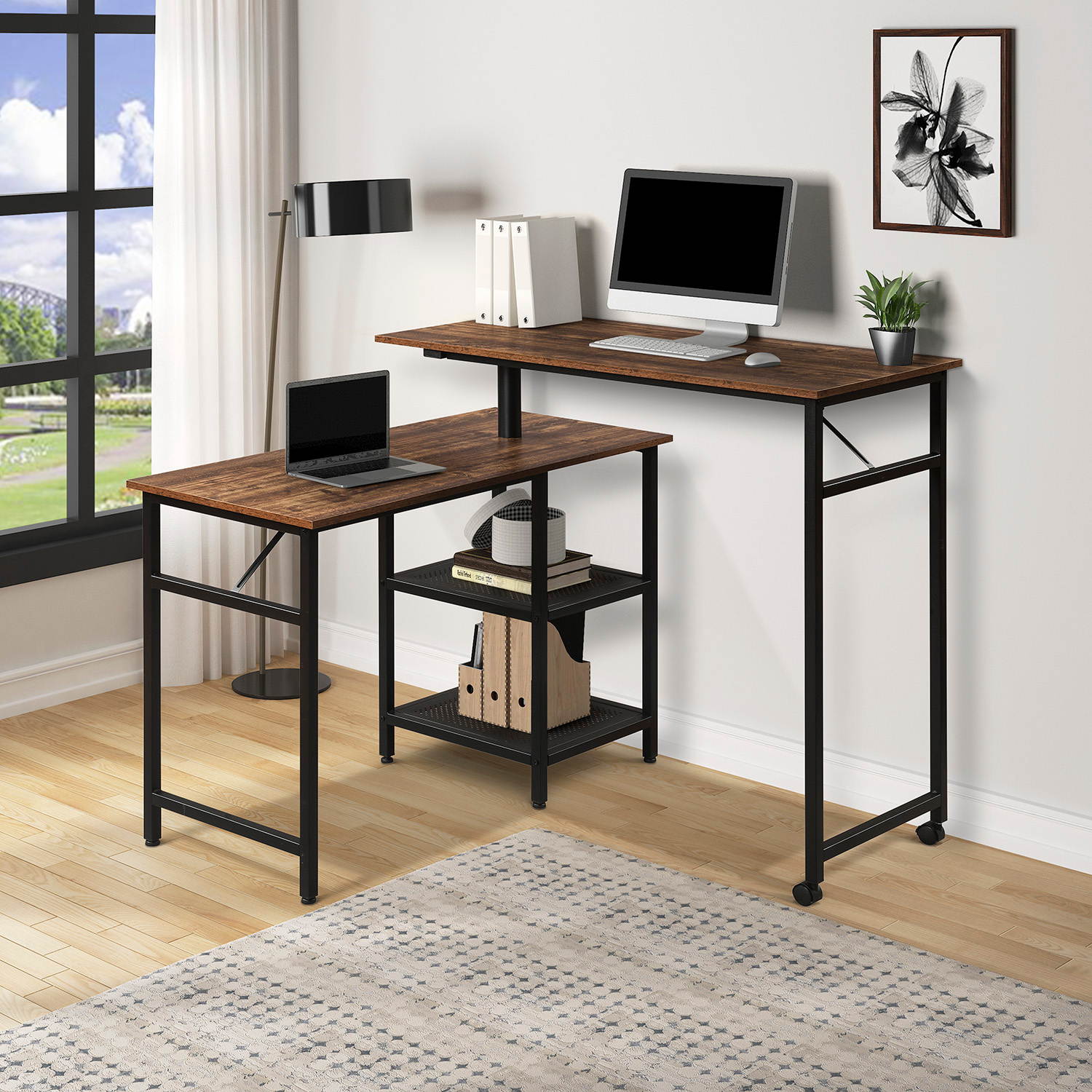 Home Office L Shaped Desk Rotating Standing Computer Desk Industrial 360 Degrees Free Rotating Corner Computer Desk Gaming Desk with Storage Shelf Brown