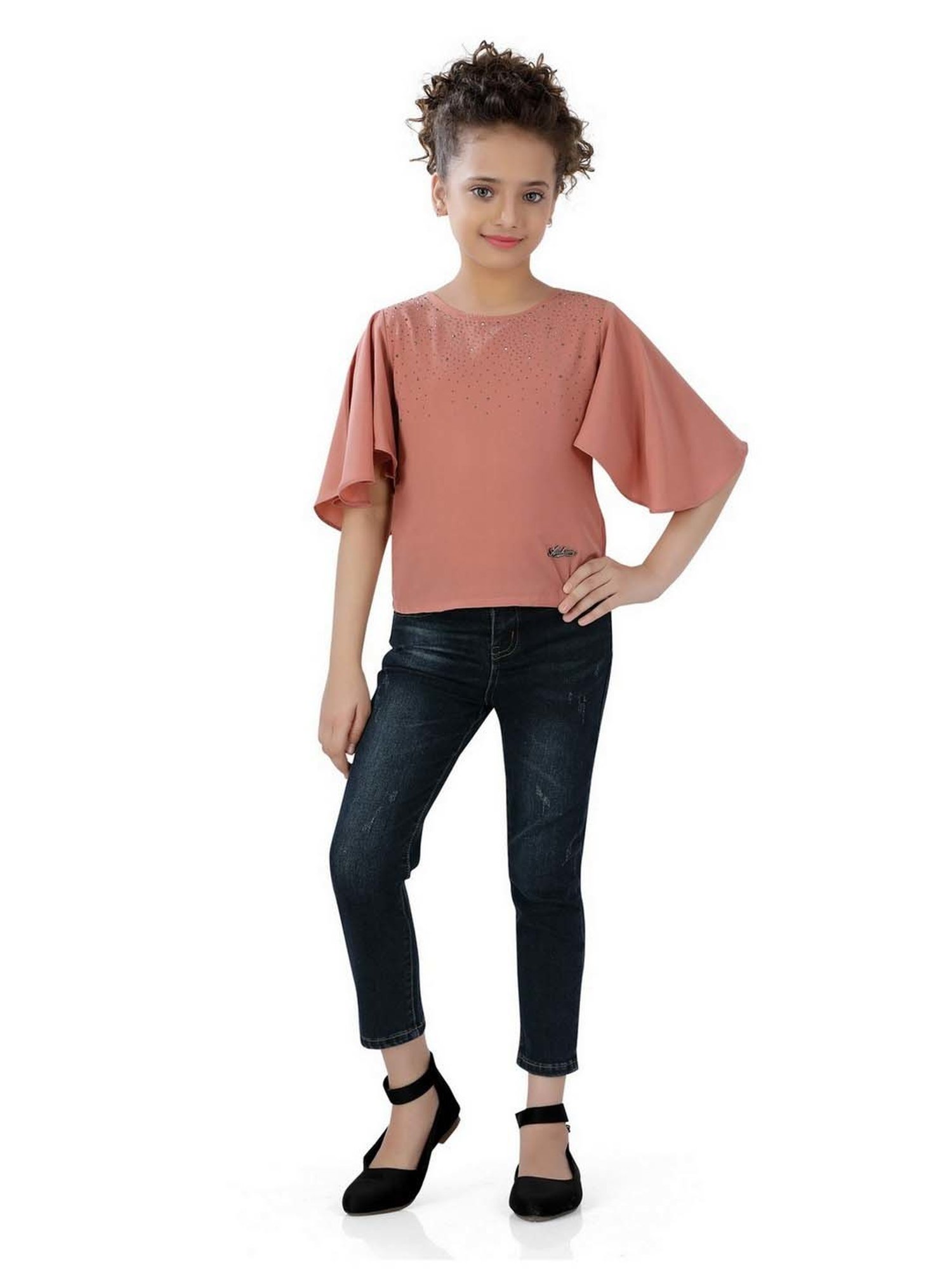poplins Kids Baby Pink Cotton Embellished Top