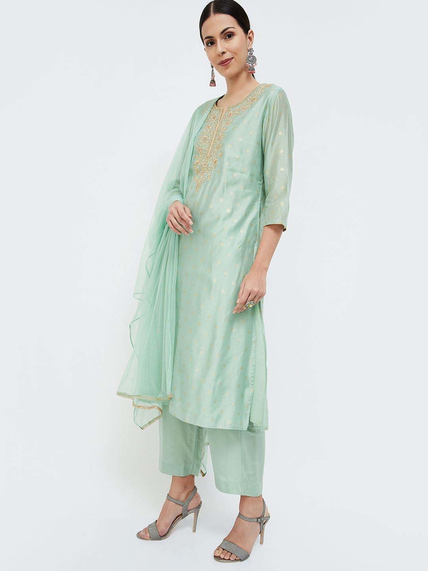 Melange by Lifestyle Sea Green Embroidered Kurta & Palazzo Set With Dupatta