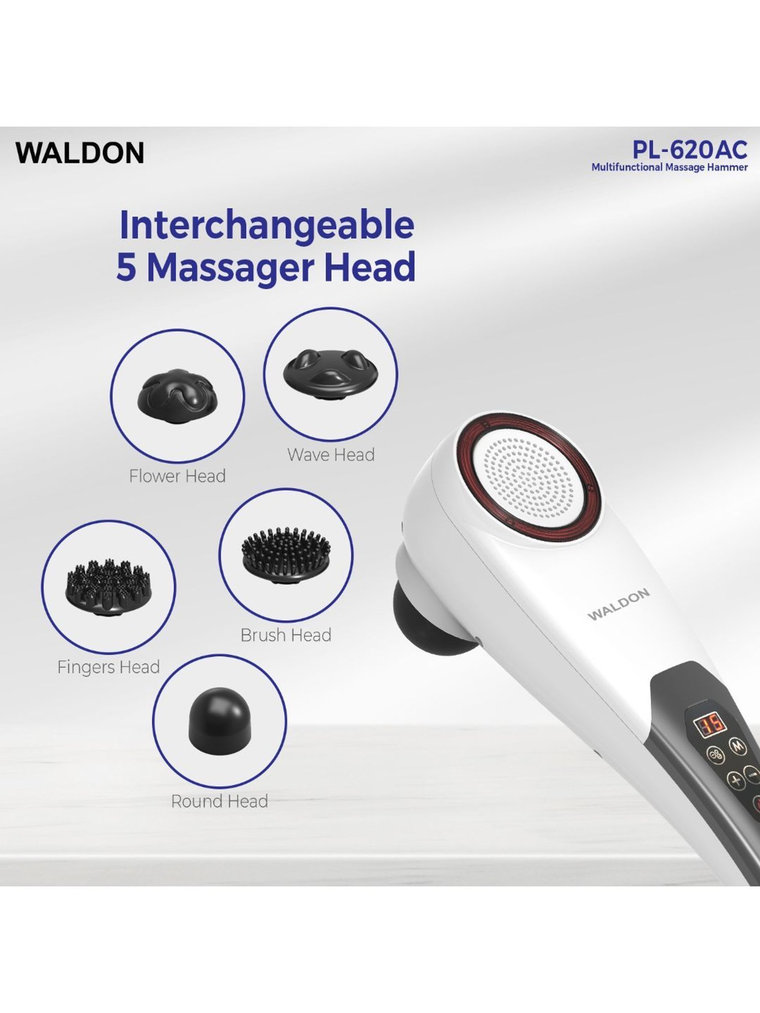 Waldon PL-620AC Corded Handheld Full Body Hammer Massager with 5 Massage Heads (Black and White)