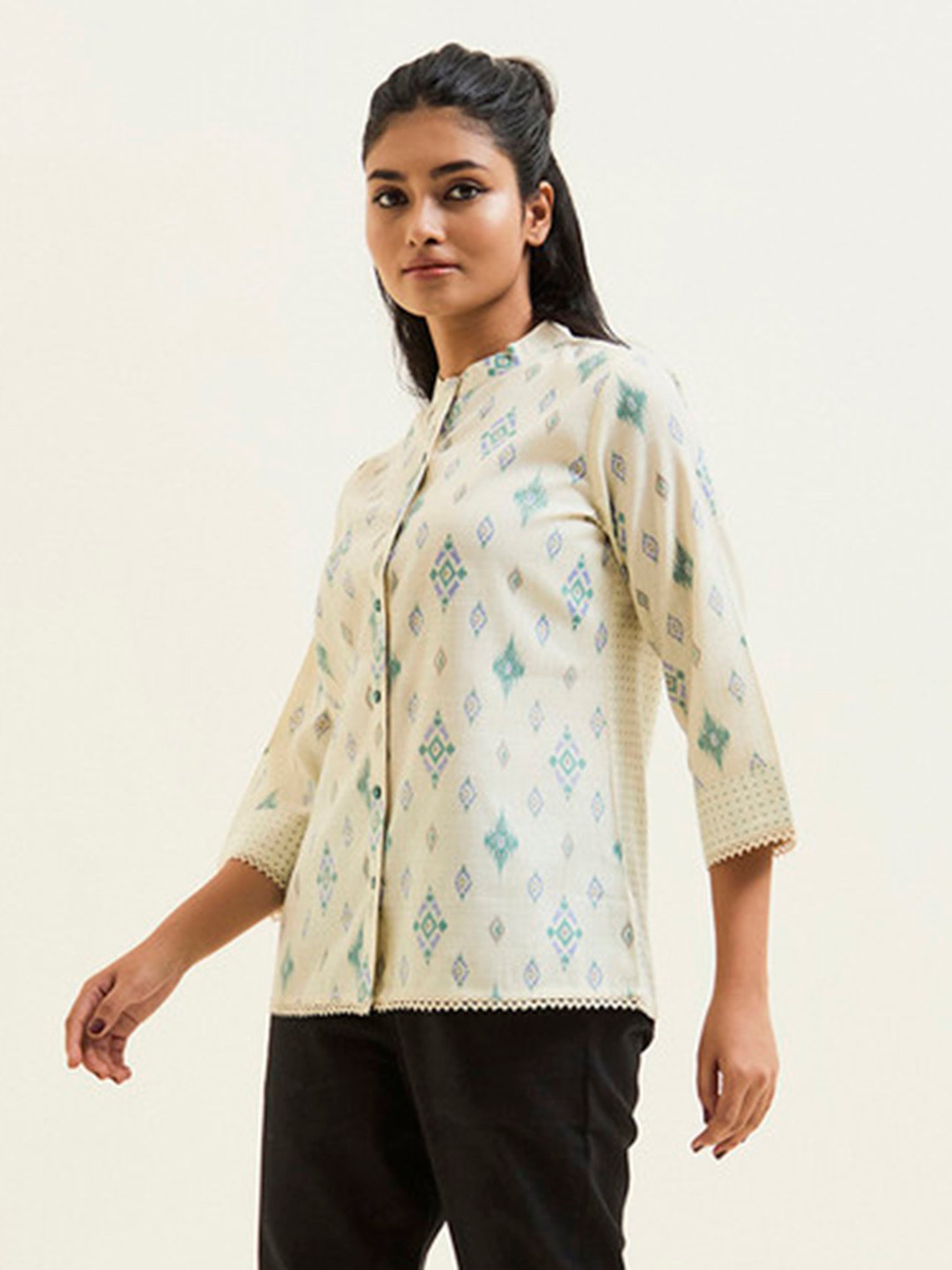 Jaipur Kurti Green & Off White Printed Top