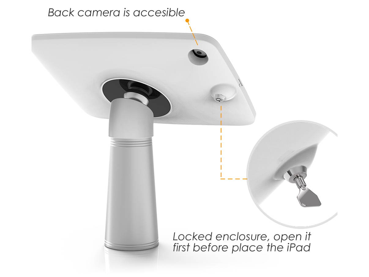 Beelta Retail Tablet Stand for 10.2 inch iPad 7th/8th Generation, Desk Mount iPad Stand, Business Locking POS iPad Stand Holder, 360 Swivel, for Office Reception, Aluminium Stand + Plastic Enclosure