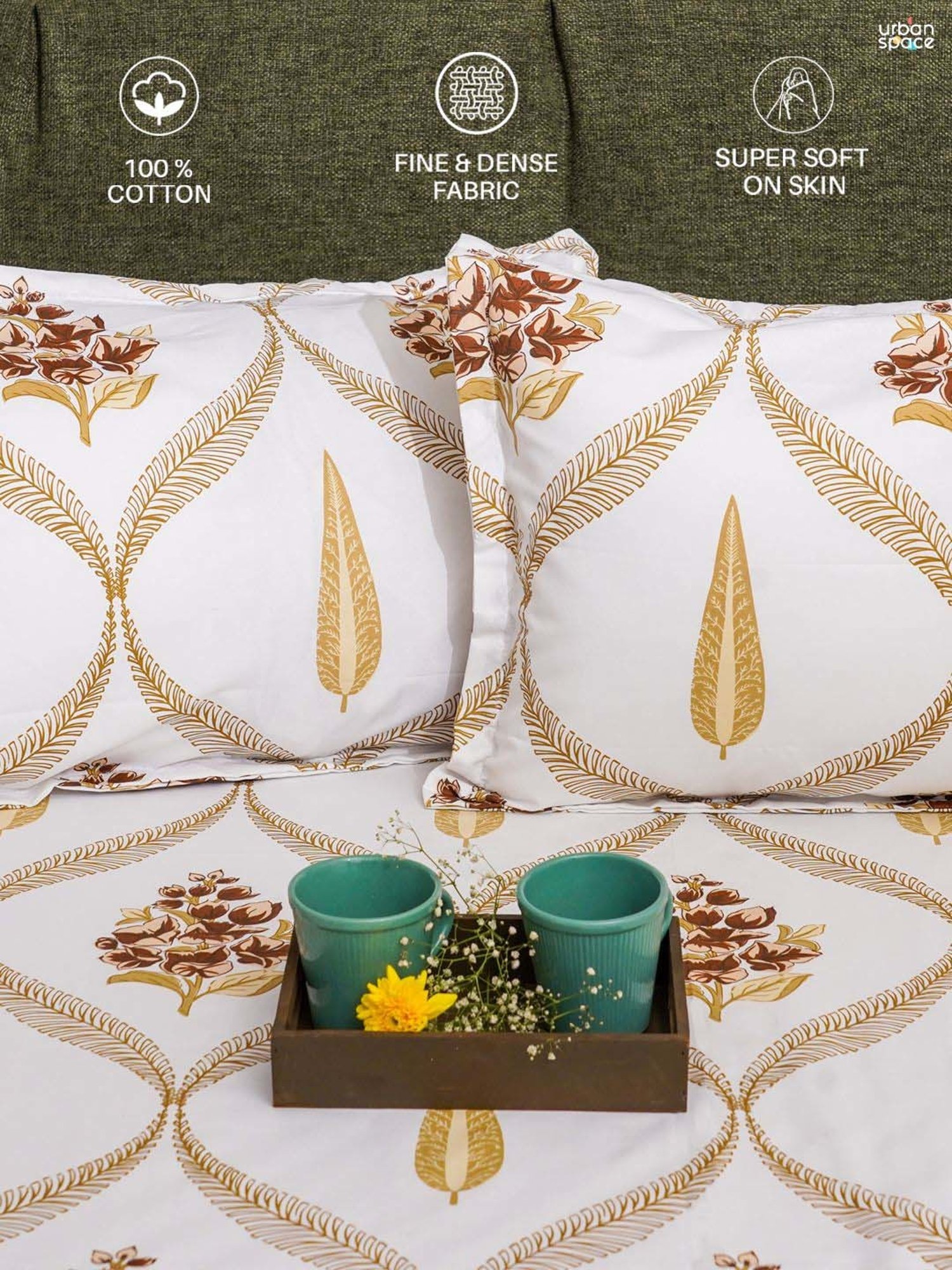 Urban Space Brown & White Cotton 200 TC Floral Moroccan Printed Single Bedsheet with 1 Pillow Cover