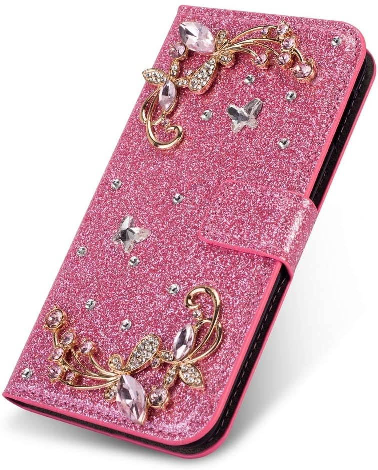 Amocase Glitter Case with 2 in 1 Stylus for Samsung Galaxy A30/A20Luxury Diamond 3D Crystal Butterfly Flower Magnetic Wallet Leather Stand Case for Samsung Galaxy A30/A20 - Pink