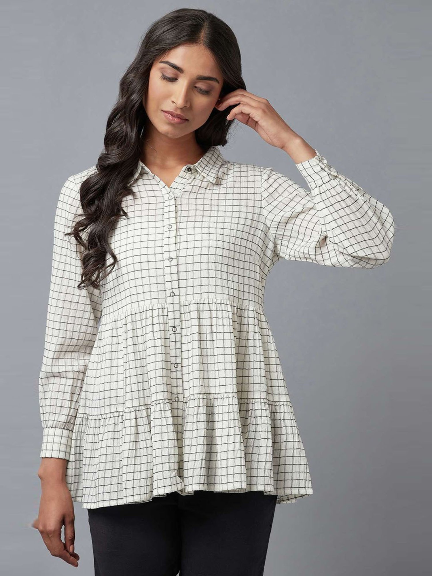 W Off-White Cotton Chequered Tunic