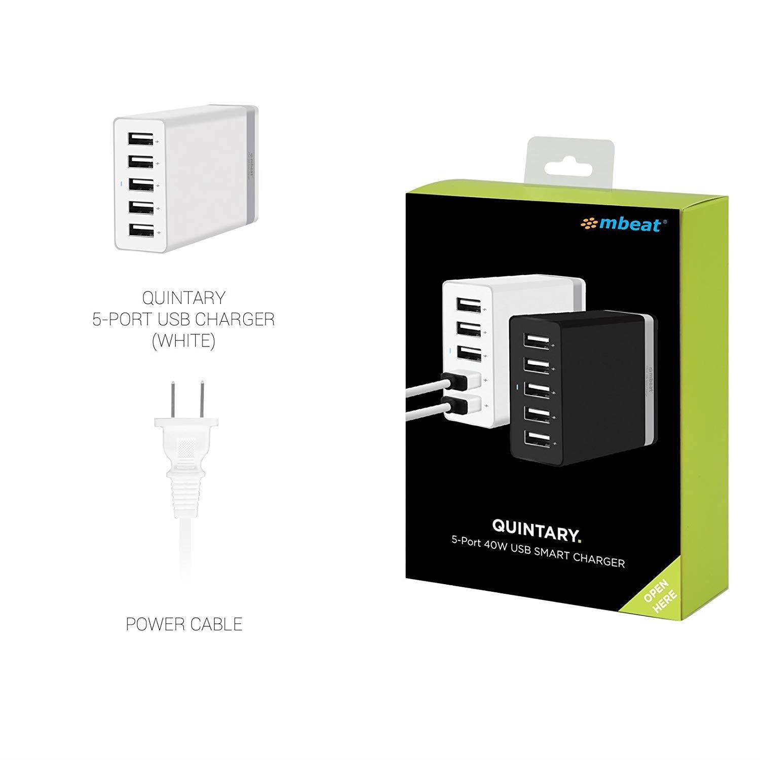 mbeat QUINTARY 40W 5-Port USB Charger with Smart charging function for iPhone, Android Phone and Tablets (White)