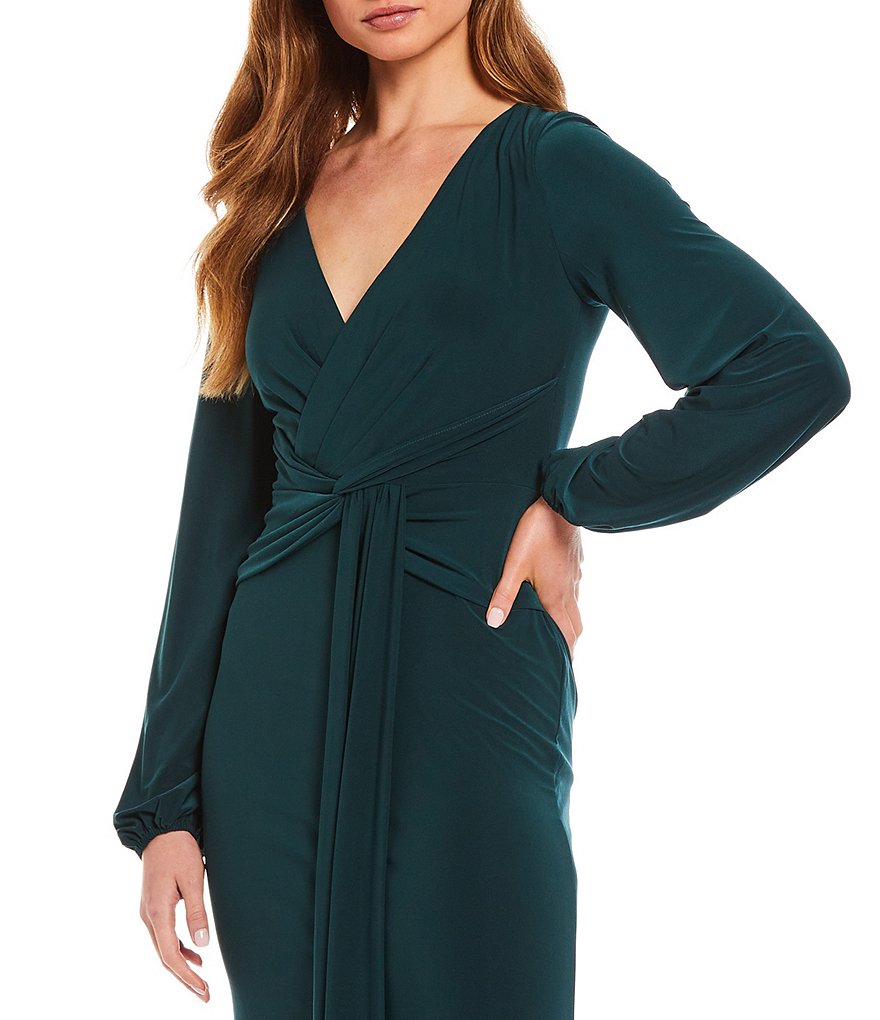Betsy & Adam Deep V-Neck Long Sleeve Drape Front Knot Detail Jersey Gown