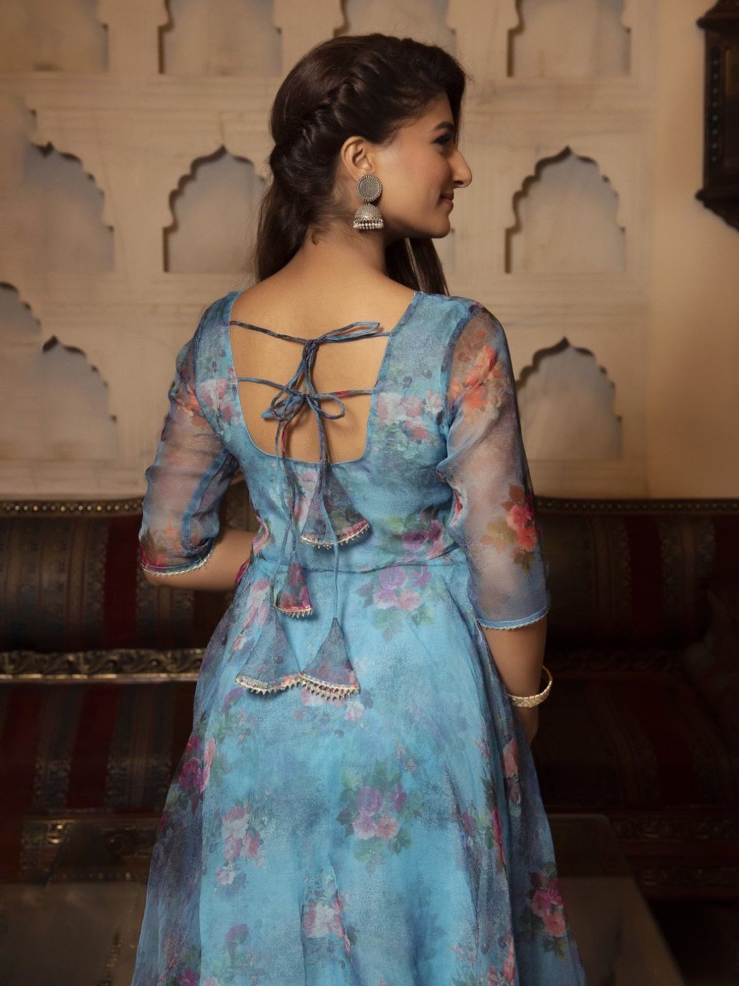 Calmna Blue Bloom Floral Anarkali Suit Set with Scalped Dupatta