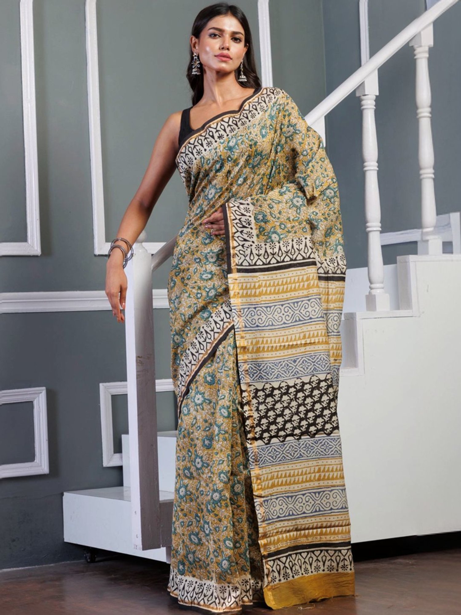 Unnati Silks Yellow Printed Saree With Unstitched Blouse