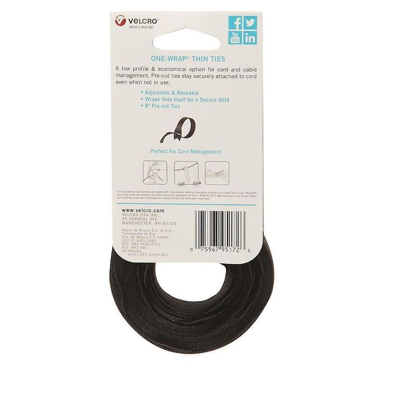Velcro One-Wrap Reusable Ties 1/2" x 8" Black 50/Pack 95172