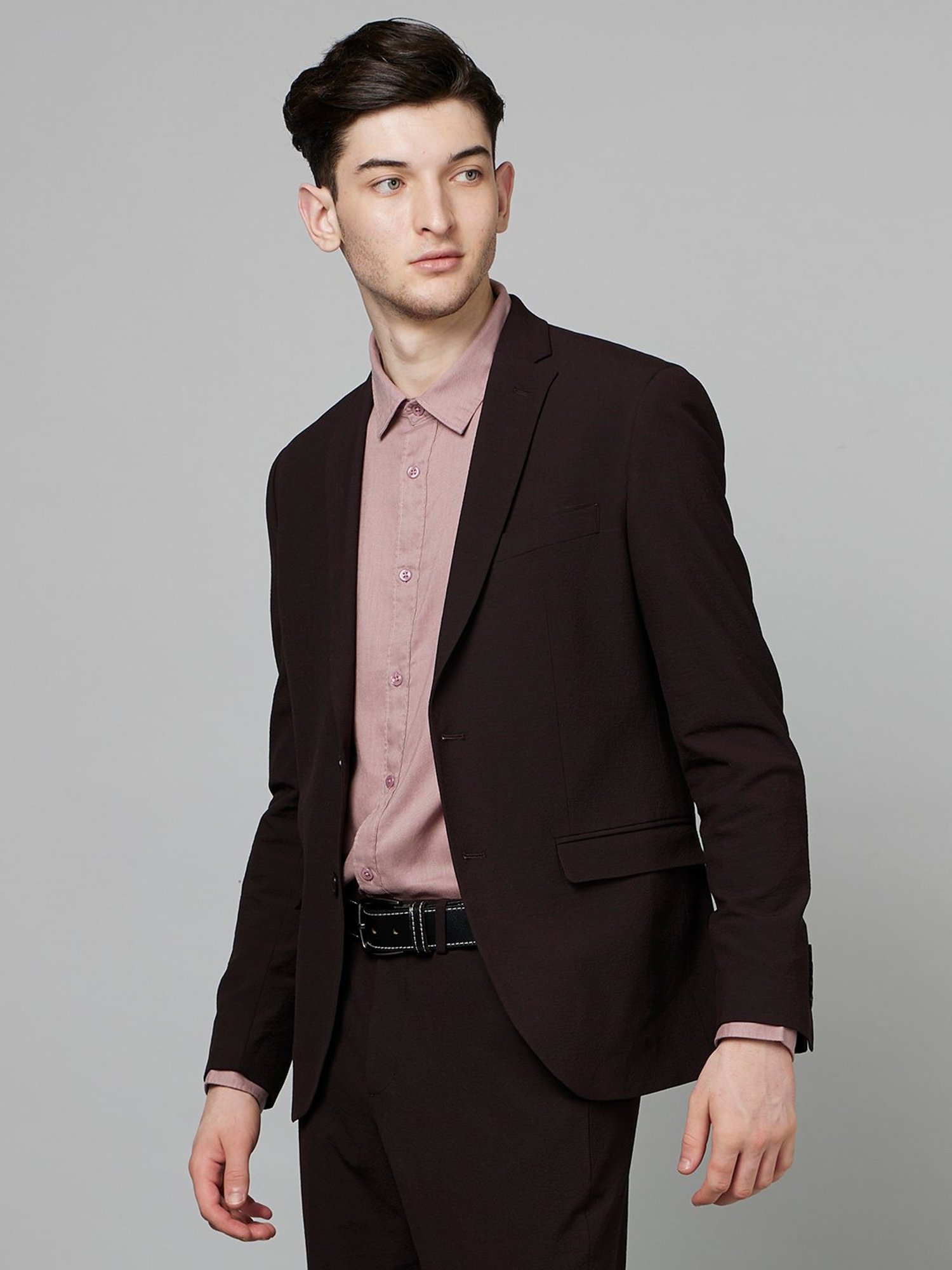 celio* Burgundy Slim Fit Self Design Notch Lapel Blazer