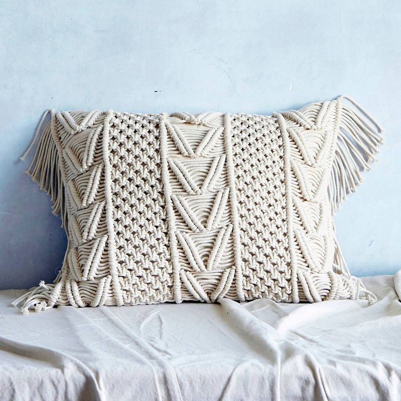 20"x15" Macrame Lumbar Throw Pillow Natural - Patina Vie