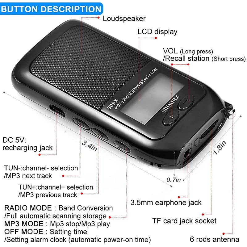 Portable RadioFM AM SW Transistor Radio Stereo LCD Digital Display Pocket Walkmen Radio MP3 WAV Player Support TF Card Rechargeable with Shutdown Memory