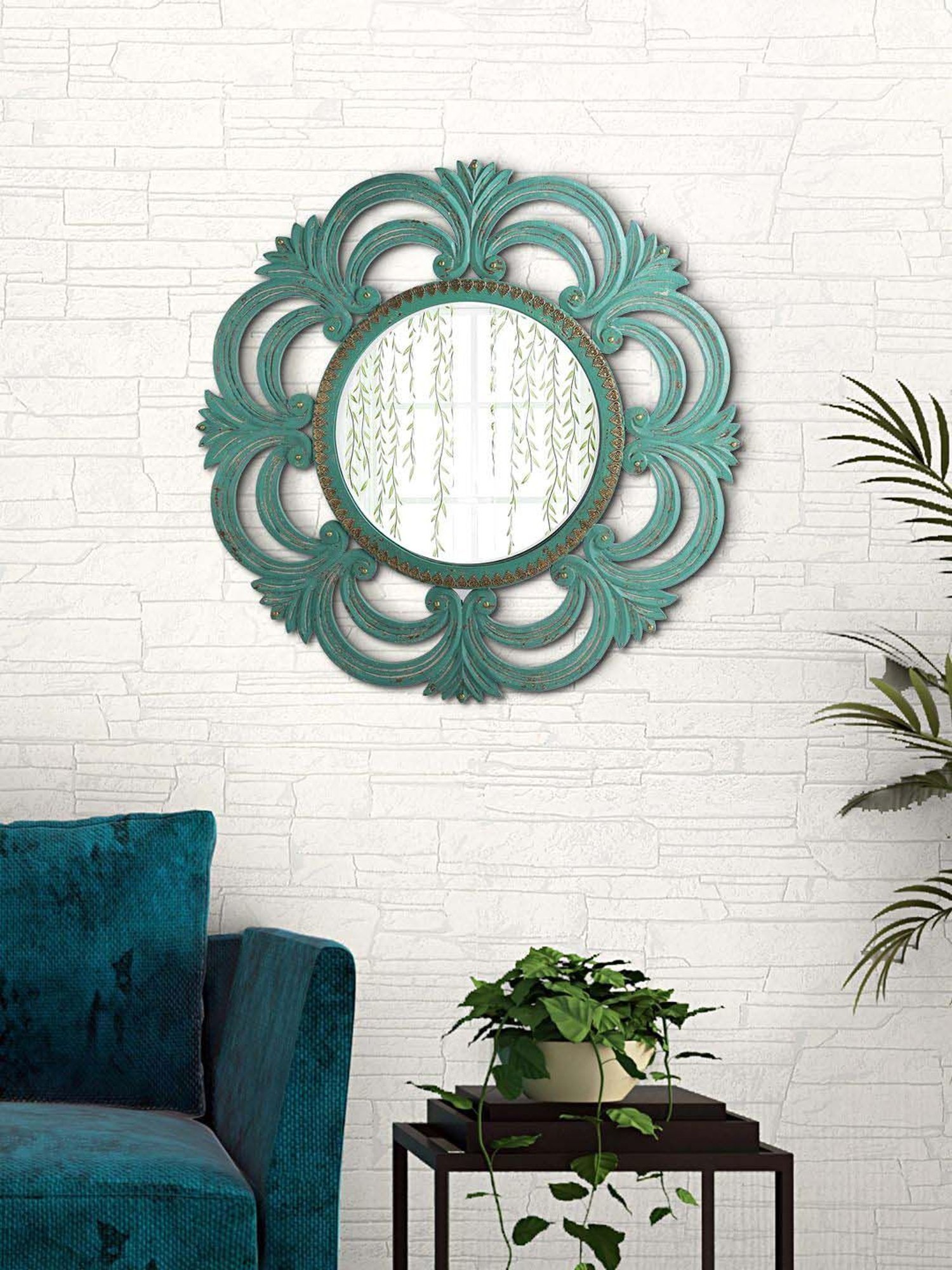 Aapno Rajasthan Green Wooden Round-Shaped Wall Mirror
