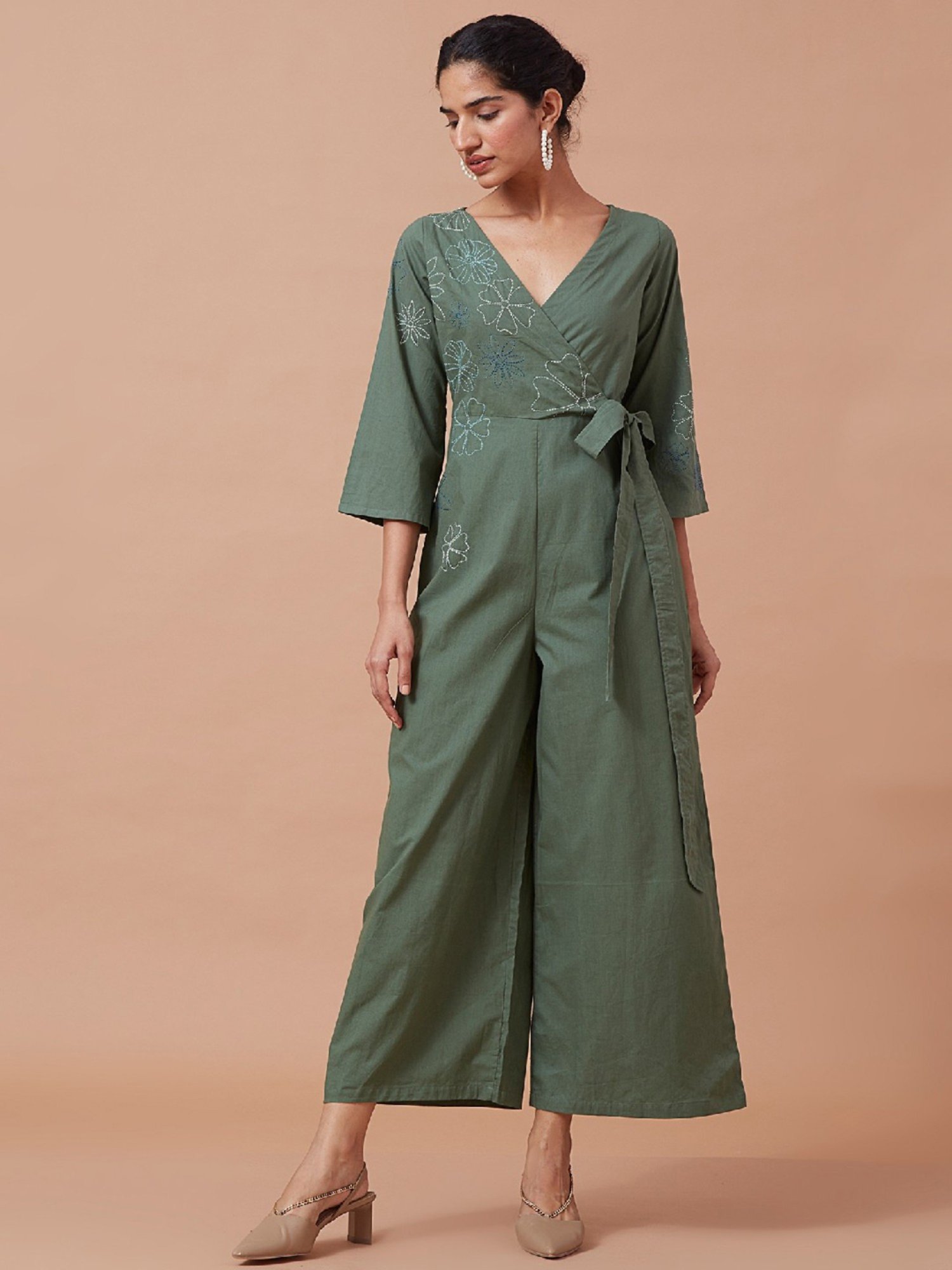 Okhai Forest Magic Green Pure Cotton Hand Embroidered Jumpsuit
