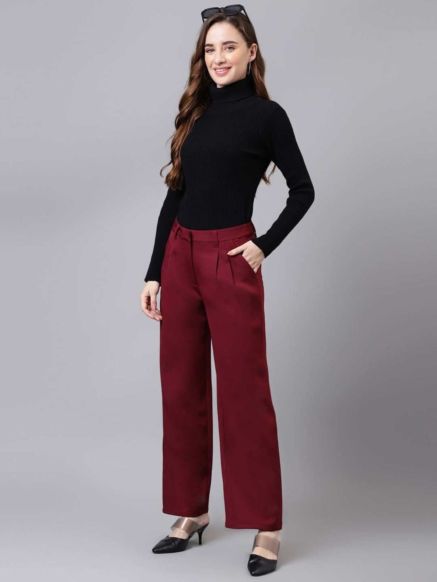 Latin Quarters Maroon Regular Fit High Rise Trousers
