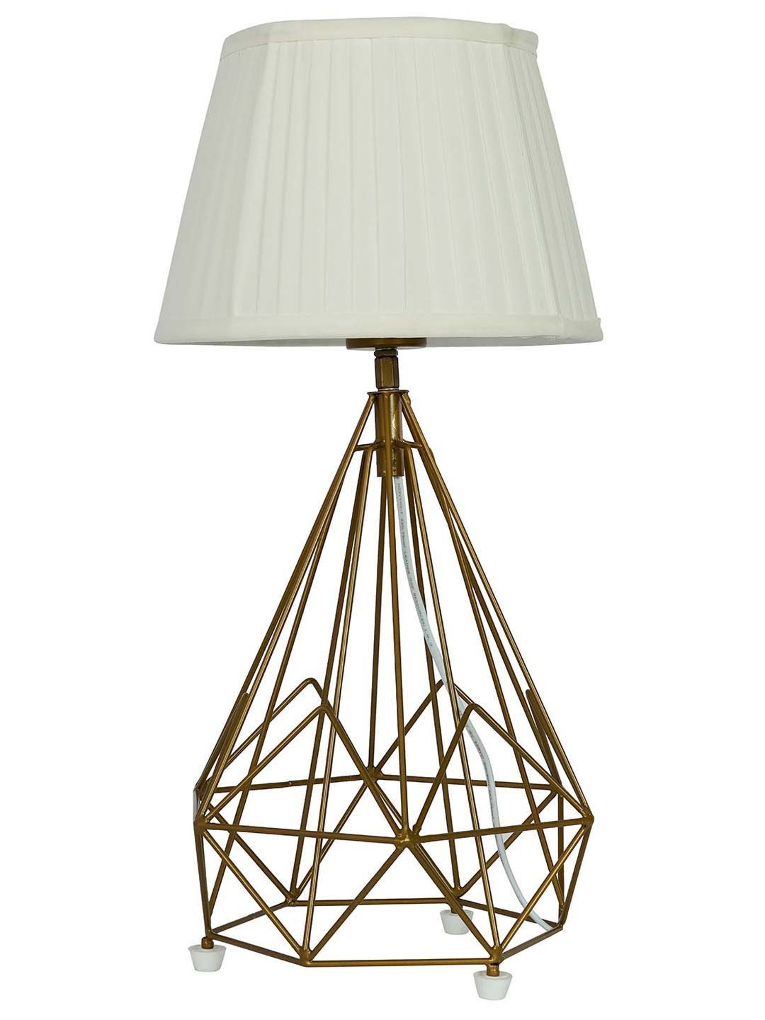 FOS LIGHTING Contemporary White & Golden Steel Cage Diamond Pyramid Table Lamp With Fabric Shade
