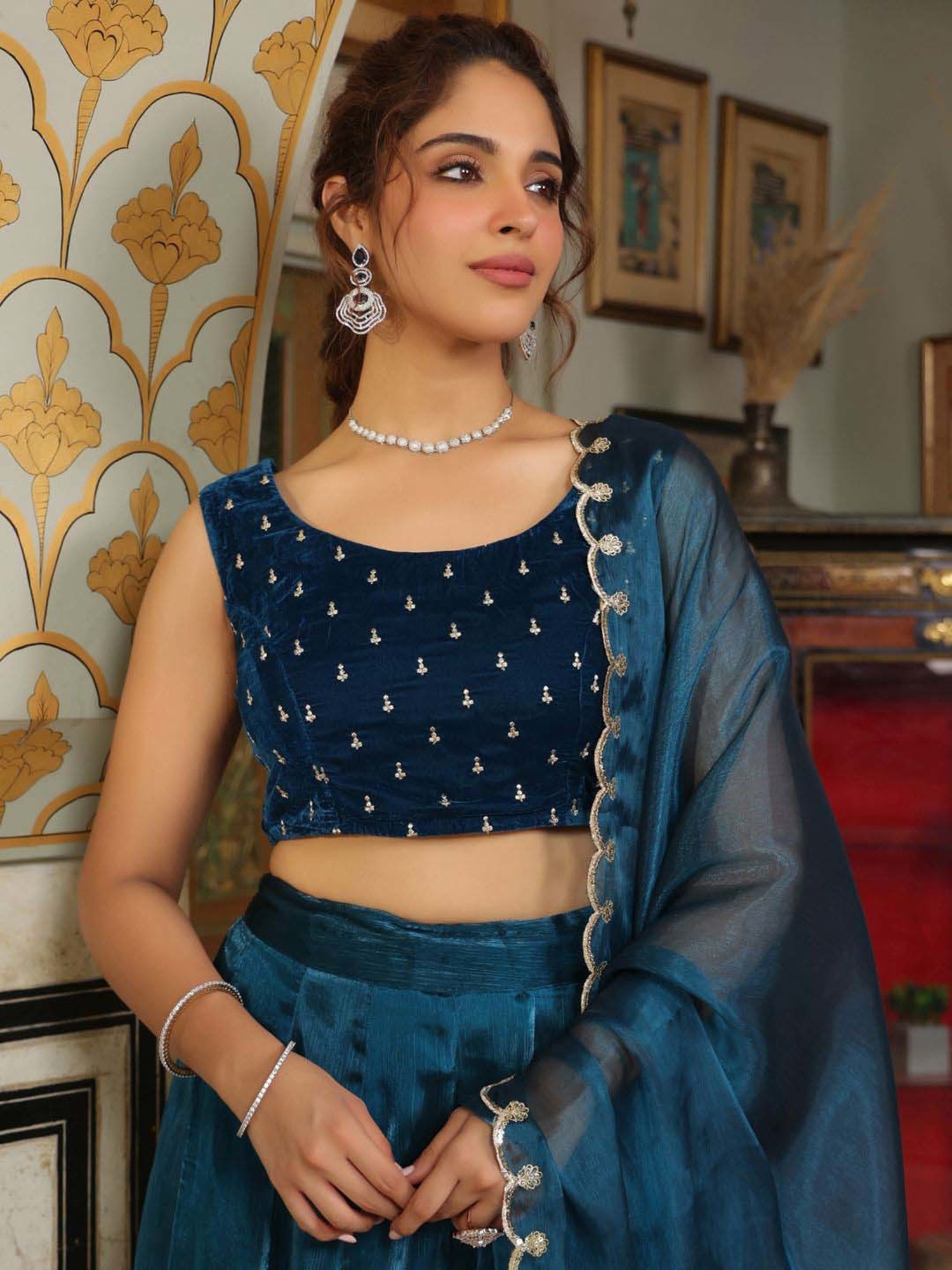 Janasya Blue Plain Lehenga Choli Set With Dupatta