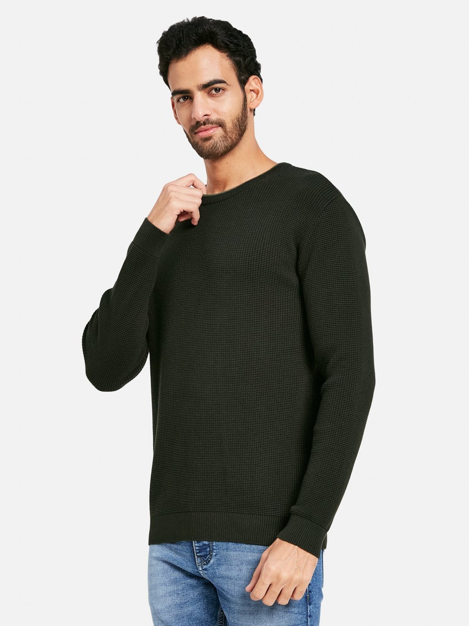 METTLE Olive Cotton Regular Fit Sweater