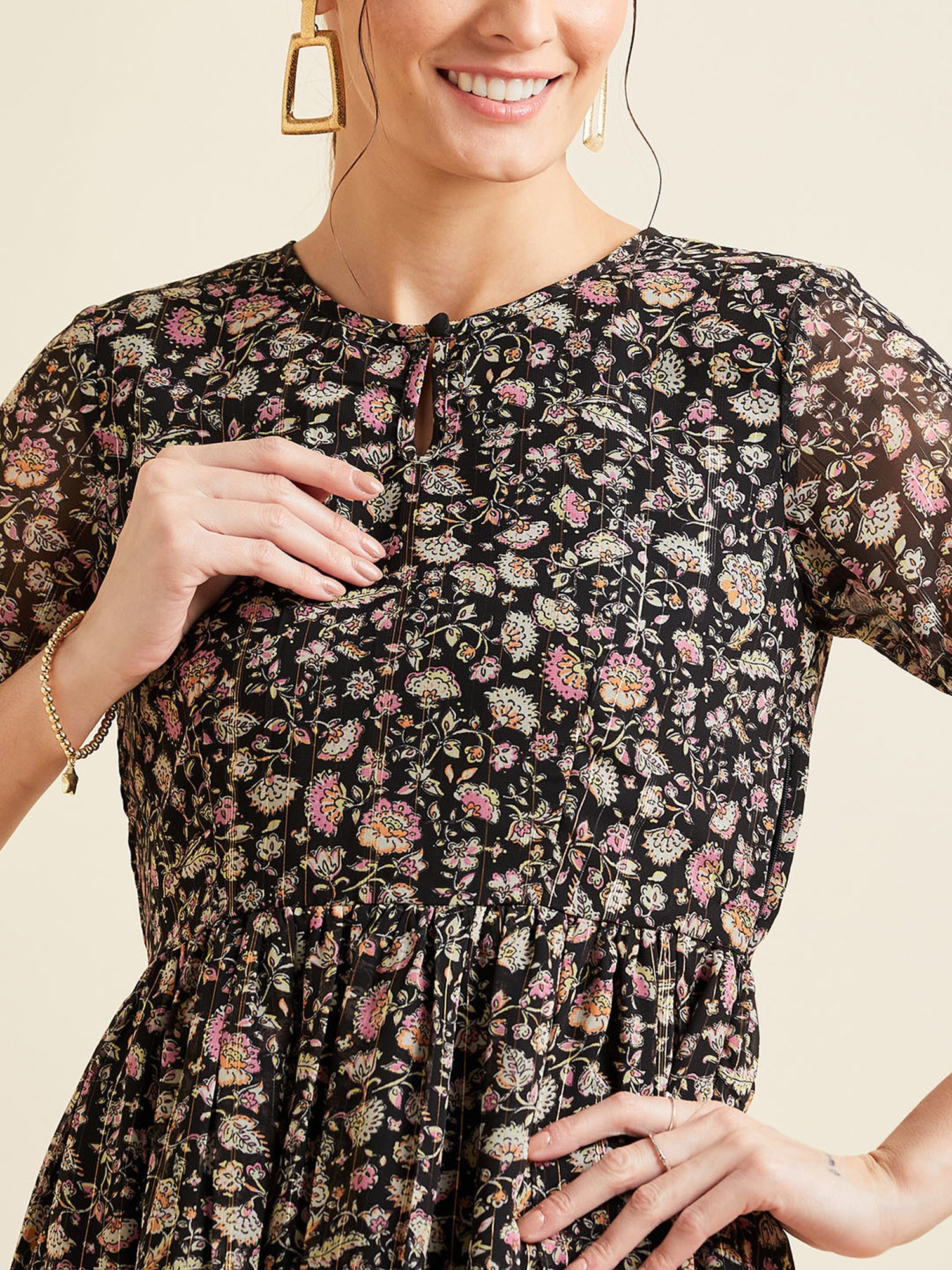 PANIT Black Floral Print Ethnic Dress